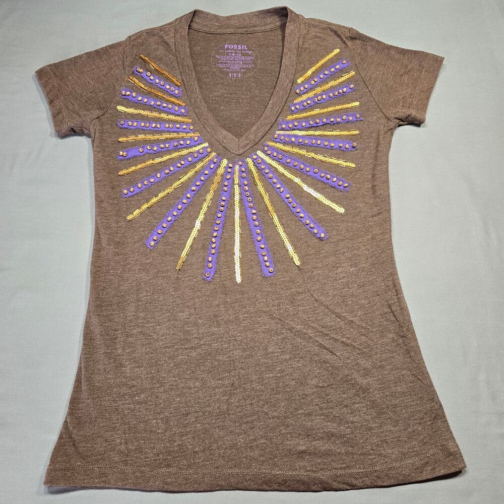 Fossil Brown Shirt Preppy Beaded Tee Classic Short Sleeves V-Neck Womens Size S